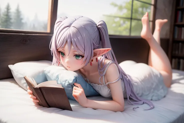 masterpiece, best quality, absurdres, perfect anatomy,
FrierenDress, long hair, twintails, (separate bang:1.3), white dress, collarbone, messy hair, on bed, indoors, lying face down, looking at book, sleeping wear, (lying on the pillow, reading:1.2), bent knees, calf,
(wood wall, wood house, wood room:1.2), simple background, view from a 45-degree angle,
<lora:Frieren:1>,
<lora:more_details:0.2>,