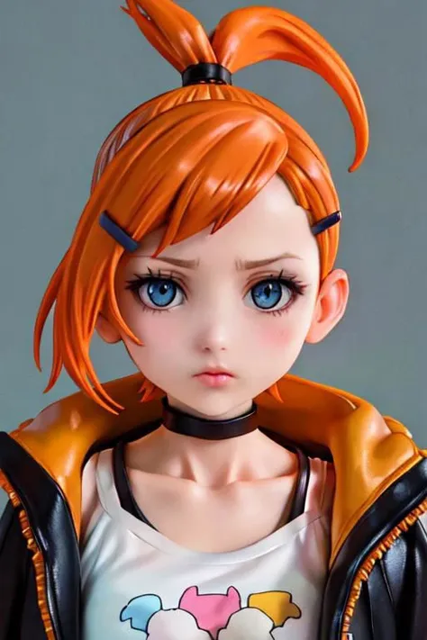 jacket, loose clothes, short hair, ponytail, choker, hairclip, black choker, yellow jacket, suspenders, blue eyes, upper body, close up, portrait, cropped top, orange hair, nomura tetsuya, gwendolyn_tennyson