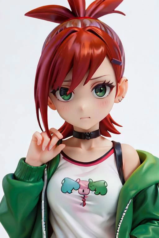 , jacket, loose clothes, ponytail, Red hair, choker, hairclip, black choker, green jacket, , Frankie Foster, , upper body, cropped top, close up, chibi