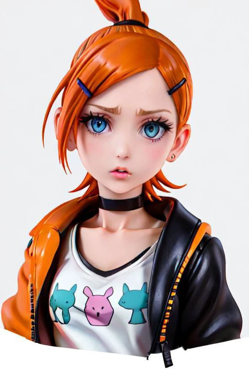 jacket, loose clothes, short hair, ponytail, choker, hairclip, black choker, yellow jacket, suspenders, blue eyes, upper body, close up, portrait, cropped top, orange hair, nomura tetsuya, gwendolyn_tennyson