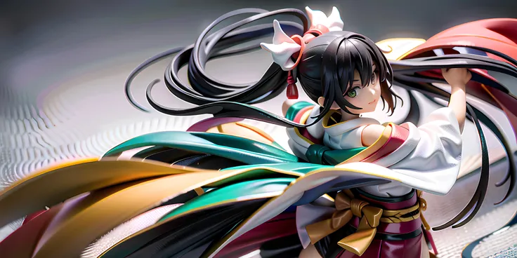 1girl, dancing, arms up, from side, looking at viewer, smiling, closed mouth, green eyes, black hair, very long hair, ponytail, gold hair bell, bangs, eyebrows visible through hair, japanese clothes, pink long kimono, very long sleeves, wide sleeves, feather sleeves, waving sleeves, dark blue obi, golden edges, bell bracelet, red ribbon, (abstract, japanese art), colorful, sun, phoenix, cloth print