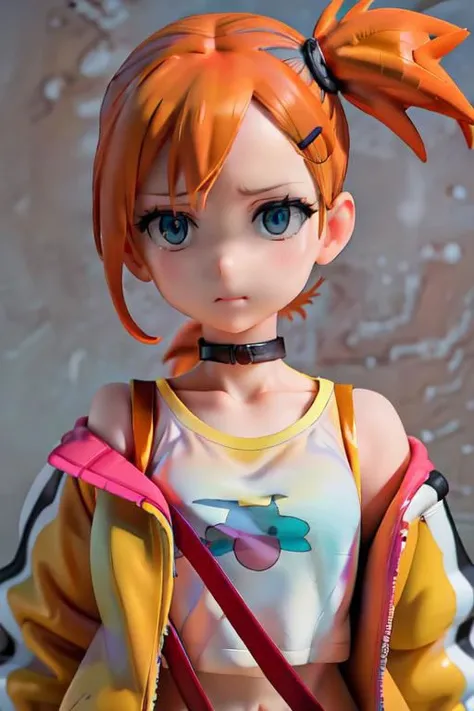 jacket, loose clothes, side ponytail, choker, hairclip, black choker, yellow shirt, suspenders, orange hair, blue eyes, upper body, close up, portrait, cropped top, misty \(pokemon\)