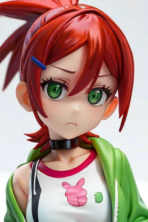Invisible jacket, loose clothes, ponytail, Red hair, choker, hairclip, black choker, green jacket, , Frankie Foster, , upper body, cropped top, close up,