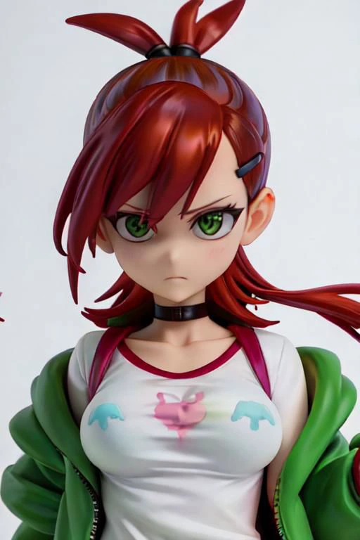 Laser vision, jacket, loose clothes, ponytail, Red hair, choker, hairclip, black choker,  green jacket,  , Frankie Foster,  , upper body, cropped top, close up,