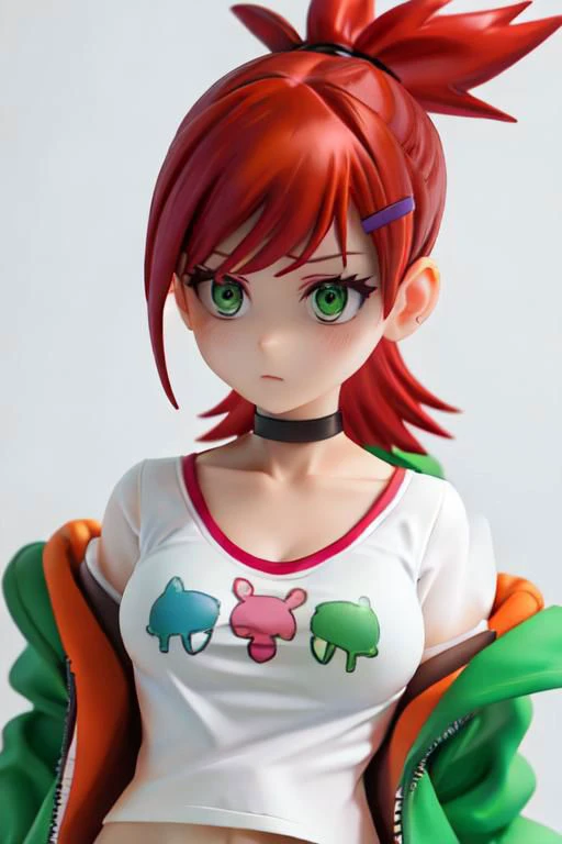 Invisible jacket, loose clothes, ponytail, Red hair, choker, hairclip, black choker, green jacket, , Frankie Foster, , upper body, cropped top, close up,