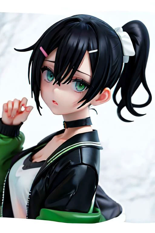 jacket, loose clothes, side ponytail, choker, hairclip, black choker, green jacket, suspenders, black hair, blue eyes, upper body, close up, portrait, cropped top,