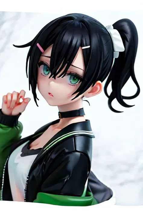 jacket, loose clothes, side ponytail, choker, hairclip, black choker, green jacket, suspenders, black hair, blue eyes, upper body, close up, portrait, cropped top,