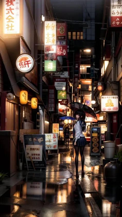 realistic,masterpiece,rain, 1girl, umbrella, skirt, outdoors, solo, night, holding, school uniform, serafuku, holding umbrella, pleated skirt, scenery, sign, standing, black hair, reflection, city, shirt, alley, neon lights, shoes, from behind, building, black footwear, blue skirt, road, sailor collar, white shirt, pantyhose, street