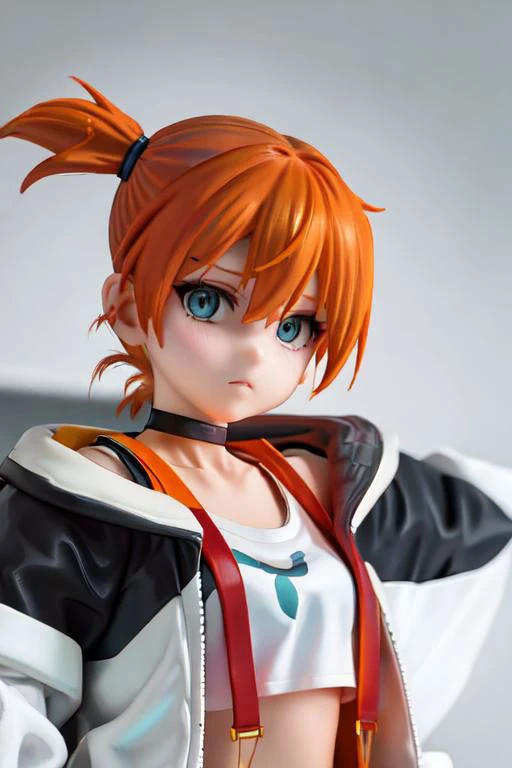 jacket, loose clothes, side ponytail, choker, hairclip, black choker, yellow shirt, suspenders, orange hair, blue eyes, upper body, close up, portrait, cropped top, misty \(pokemon\)