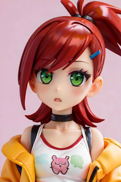 , jacket, loose clothes, ponytail, Red hair, choker, hairclip, black choker, green jacket, , Frankie Foster, , upper body, cropped top, close up, chibi