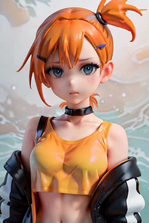 jacket, loose clothes, side ponytail, choker, hairclip, black choker, yellow shirt, suspenders, orange hair, blue eyes, upper body, close up, portrait, cropped top, misty \(pokemon\)