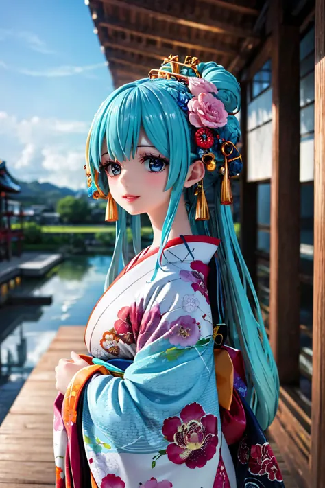 masterpiece, ultra detailed background, delicate pattern, intricate detail, highly detailed, fine details, best quality, studio lighting, front lighting, 4K, 8K, beautiful detailed eyes, glowing eyes, shine eyes,
smile, opened lips, aqua hair, aqua eyes, blue eyes, long hair, hair ornament, flower ornament, hair flower, bangs, hair stick, hair rings, Japanese kimono, standing, Japanese temple, outdoor,
face to camera, looking at viewer, upper body,
<lora:Kozuki Hiyori_V2:0.8>, Kozuki Hiyori,
<lora:more_details:0.1>,
<lora:detail_slider_v4:2>,
<lora:zoom_slider_v1:-5>,