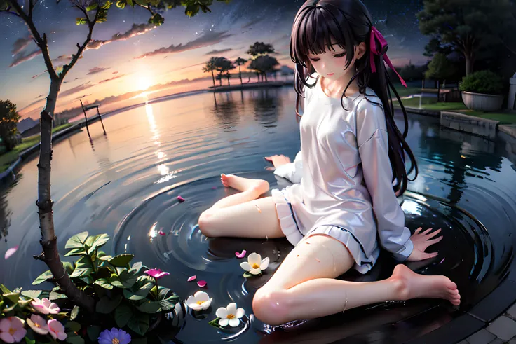 beautiful and aesthetic, PVC style, 1girl, black hair, long hair, blunt bangs, hair ribbon, collarbone, small breasts, white pajama, long sleeves, frilled pants, soft clothes, wet, see-through, barefoot, wariza, submerged, emotionless, (eyes closed, mouth closed), (evening|night), (sunset|starry sky), scenery, outdoor, water, hydrangea, petals, ripple, reflection, from above, back lighting