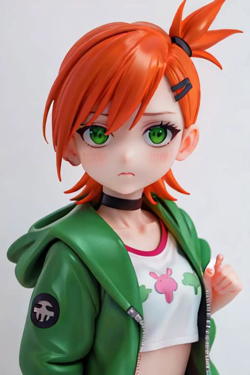 , jacket, loose clothes, short hair, choker, hairclip, black choker,  green jacket, orange hair, gwendolyn_tennyson, green eyes, full body, cropped top, portrait , chibi