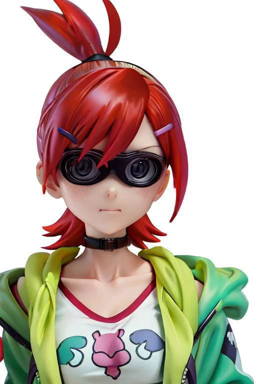 Xray glasses, jacket, loose clothes, ponytail, Red hair, choker, hairclip, black choker, green jacket, , Frankie Foster, , upper body, cropped top, close up,