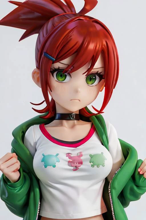 , jacket, loose clothes, ponytail, Red hair, choker, hairclip, black choker, green jacket, , Frankie Foster, , upper body, cropped top, close up, super saiyan