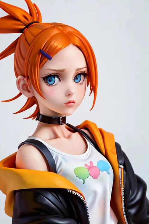 jacket, loose clothes, short hair, ponytail, choker, hairclip, black choker,  yellow jacket, suspenders, blue eyes, upper body,  close up, portrait, cropped top,  orange hair, nomura tetsuya, gwendolyn_tennyson