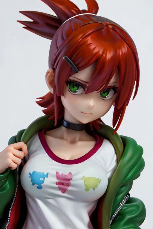 Laser vision, jacket, loose clothes, ponytail, Red hair, choker, hairclip, black choker, green jacket, , Frankie Foster, , upper body, cropped top, close up,