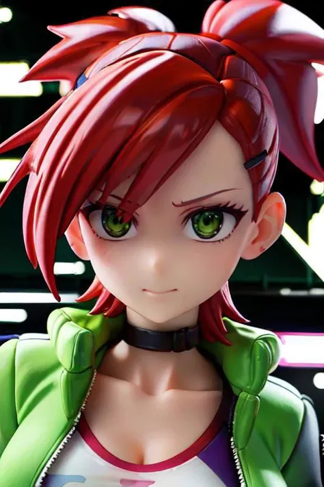Laser vision, jacket, loose clothes, ponytail, Red hair, choker, hairclip, black choker, green jacket, , Frankie Foster, , upper body, cropped top, close up,