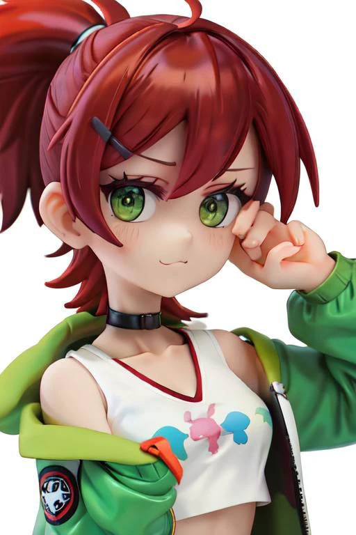 Ripped shirt, loose clothes, ponytail, Red hair, choker, hairclip, black choker, green jacket, , Frankie Foster, , upper body, cropped top, close up,