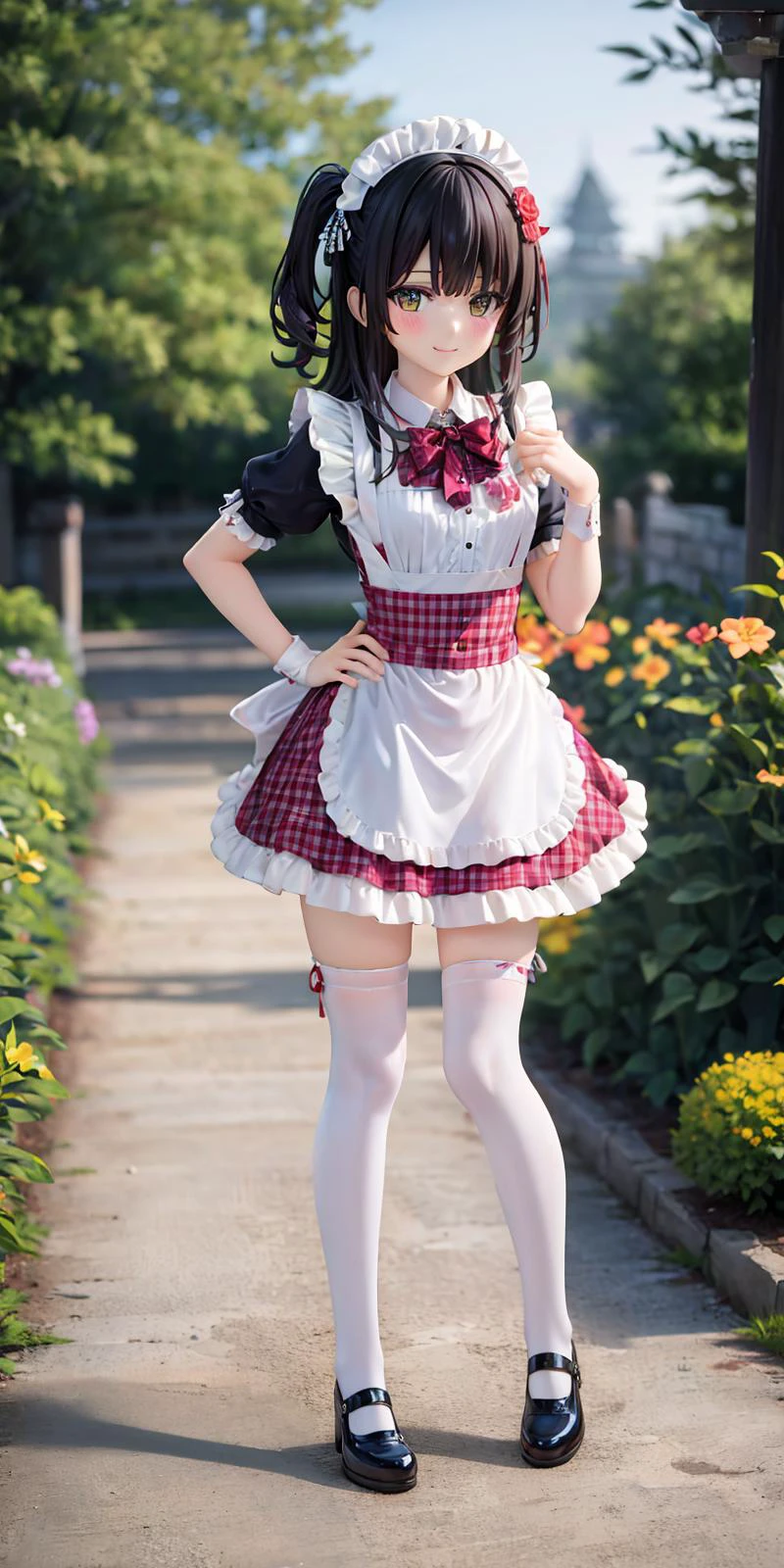 masterpiece, best quality, highres,1girl, solo, full body shot
yellow plaid maid dress, apron, thighhighs,
outside, garden, flower,
hands on hip, blushed, (small smile),
<lora:Maid Dress 2 By Stable Yogi:0.8>