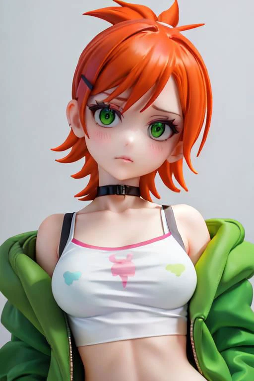 jacket, loose clothes, short hair, choker, hairclip, black choker, green jacket, orange hair, gwendolyn_tennyson, green eyes, upper body, close up, portrait, cropped top