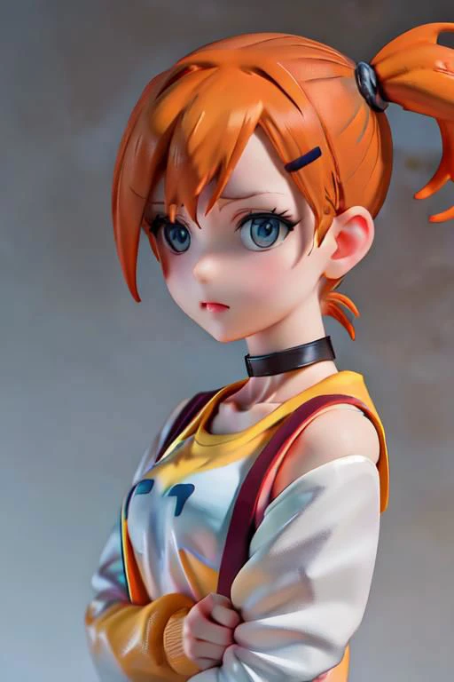 jacket, loose clothes, side ponytail, choker, hairclip, black choker, yellow shirt, suspenders, orange hair, blue eyes, upper body, close up, portrait, cropped top, misty \(pokemon\)