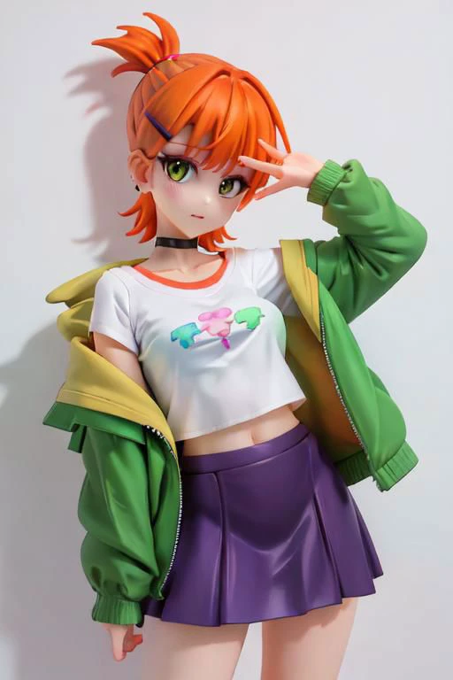 skirt, shirt, hair ornament, jacket, white shirt, short hair, choker, hairclip, midriff, crop top, black choker, purple skirt, green jacket, cropped shirt, orange hair, gwendolyn_tennyson