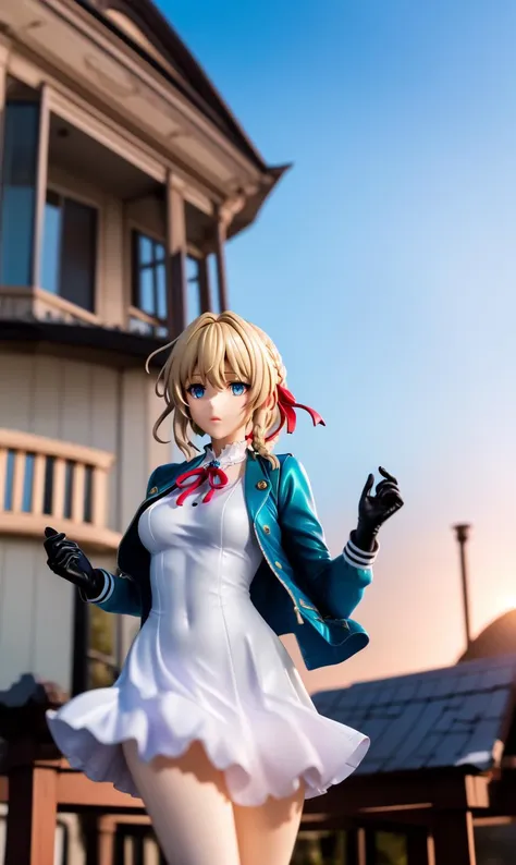 violet evergarden,blonde hair,blue eyes,hair ribbon,ribbon,short hair,braids,hair braids,red ribbon,mature female,blue jacket,brown gloves,cropped jacket,dress,gloves,green brooch,jacket,juliet sleeves,long sleeves,puffy sleeves,white dress,<lora:Ever garden:1.9>,easynegative,1girl,sunset,brooch,violet_evergarden,solo,jewelry,blonde_hair,long_sleeves,ribbon,blue_eyes,gem,hair_ribbon,sky,outdoors,{{white long skirt}},blue jacket,