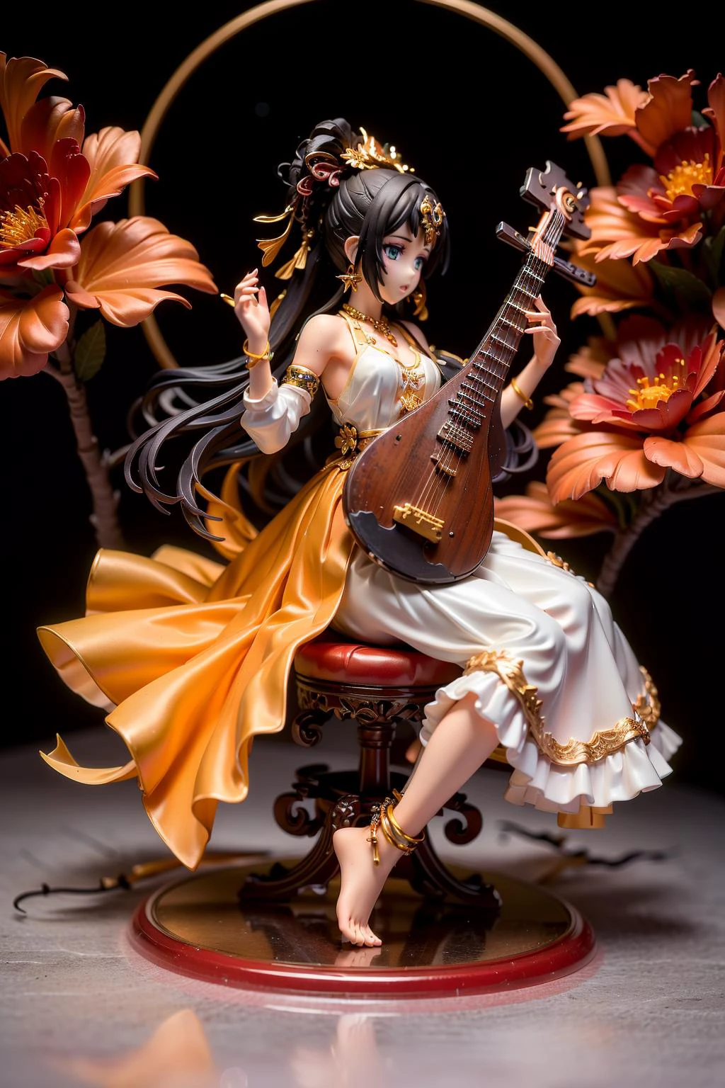 1girl,instrument,jewelry,barefoot,anklet,black hair,moon,solo,dress,necklace,bracelet,white dress,earrings,feet,sitting,bare shoulders,full body,lute (instrument),playing instrument,full moon,music,hair ornament,toes,pipa,playing_pipa,
Best quality,masterpiece,ultra high res,<lora:GoodHands-beta2:1>,<lora:pipa_v1a:0.7>,<lora:绪å¿-æ¦ç
é£å¤©V2_V2:0.5>,pleasant,