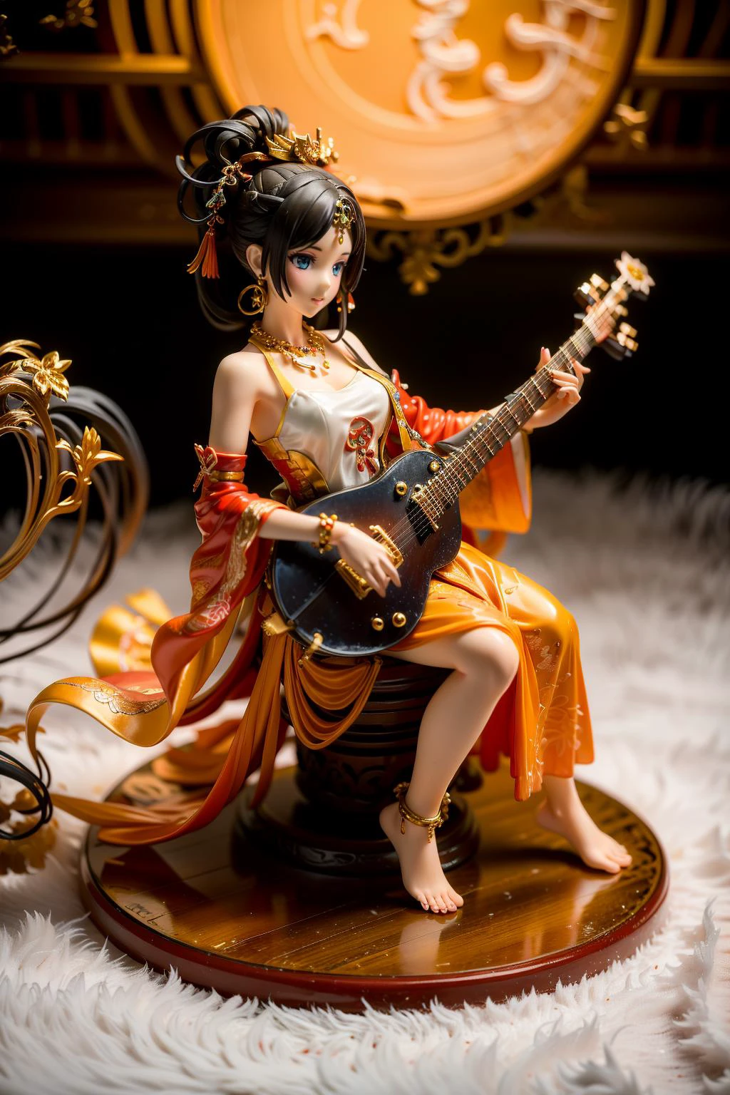 1girl,instrument,jewelry,barefoot,anklet,black hair,moon,solo,dress,necklace,bracelet,white dress,earrings,feet,sitting,bare shoulders,full body,lute (instrument),playing instrument,full moon,music,hair ornament,toes,pipa,playing_pipa,
Best quality,masterpiece,ultra high res,<lora:GoodHands-beta2:1>,<lora:pipa_v1a:0.7>,<lora:绪å¿-æ¦ç
é£å¤©V2_V2:0.5>,pleasant,