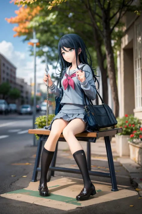 (masterpiece), best quality, expressive eyes, perfect face,  ichika, skirt, shirt, long sleeves, holding, sitting, closed mouth, school uniform, full body, pleated skirt, outdoors, sky, shoes, serafuku, day, socks, sailor collar, bag, black footwear, sweater, tree, blue sky, neckerchief, kneehighs, shadow, sunlight, black socks, loafers, building, grey shirt, red neckerchief, grey skirt, school bag, white sailor collar, knees together feet apart, sign, fence, dot nose, road, bench, bush, wide shot, grey sweater, chain-link fence, swing, park, <lora:HoshinoIchika:0.7>