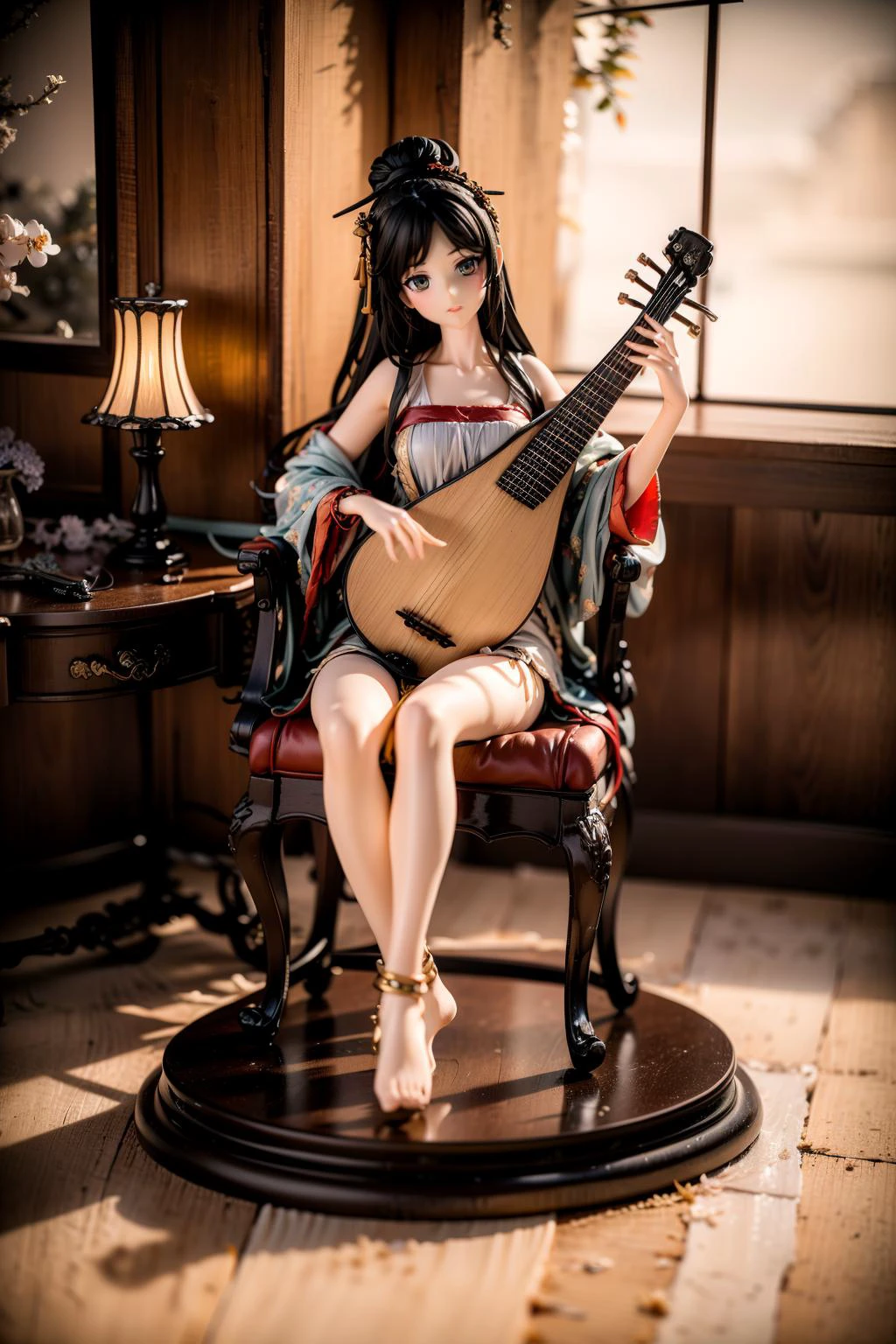 1girl,long hair,solo,sitting,jewelry,dress,black hair,chair,white dress,indoors,window,bracelet,looking at viewer,earrings,blurry,plant,realistic,brown eyes,anklet,bare shoulders,leaf,(anklet:1.2),barefoot,(pipa,playing pipa,pipa \(instrument\),lute:1.2),
Best quality,masterpiece,ultra high res,<lora:GoodHands-beta2:1>,<lora:绪å¿-çµç¶_V2:0.7>,shackles,fetters,Best quality,masterpiece,ultra high res,frank,tempting,illuminated color,light background,best,successful,full detail,saturated colors,cinematic,extremely detailed beautiful,perfect,pretty,fine,sharp,refined,complex,epic composition,cool,fantastic,vibrant aesthetic,intricate,atmosphere,rich deep expressive,creative,positive,glorious,pure,clear,