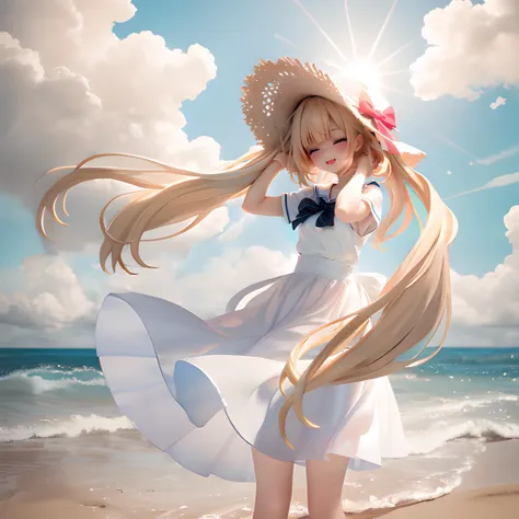beautiful and aesthetic, solo, 1girl, blonde hair, very long hair, twintails, blunt bangs, sun hat, hat bow, white dress, long skirt, ribbon, barefoot, upper body, standing, looking at viewer, from front, smile, opened mouth, closed eyes, windy, hands on hatwear, floating hair, soft clothes, outdoors, day, blue sky, cloud, beach, horizon