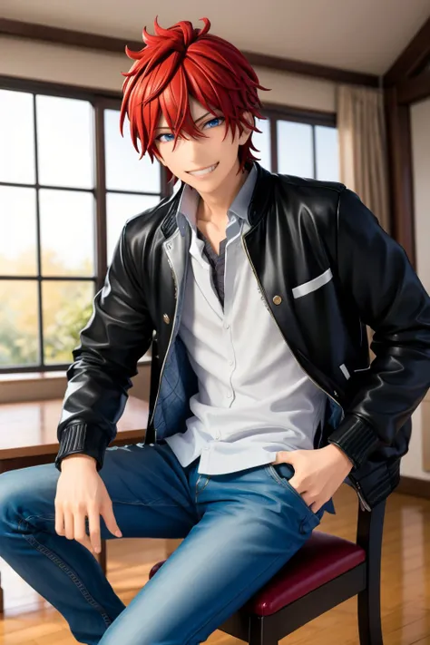 (masterpiece), best quality, expressive eyes, perfect face, realistic, blue eyes, red hair, solo, 1boy, rinne, white shirt, shirt, collared shirt, jacket, black jacket, looking at viewer, smile, grin, indoors, sitting, jeans, <lora:64ce9d46-91ca-4695-8eb6-8ca38b91fb9c:0.7>