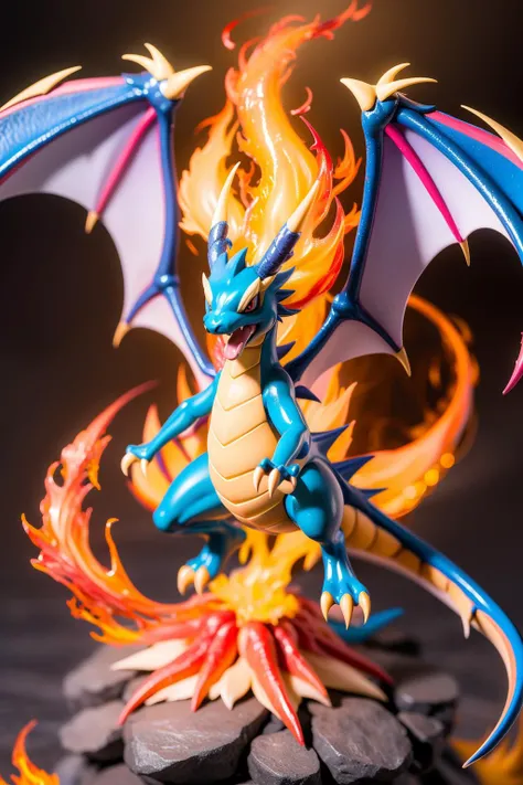 no humans,pokemon (creature),fire,solo,claws,red eyes,open mouth,rock,dragon,charizard,wings,tongue,standing,full body,fangs,flame-tipped tail,Best quality,masterpiece,ultra high res,
