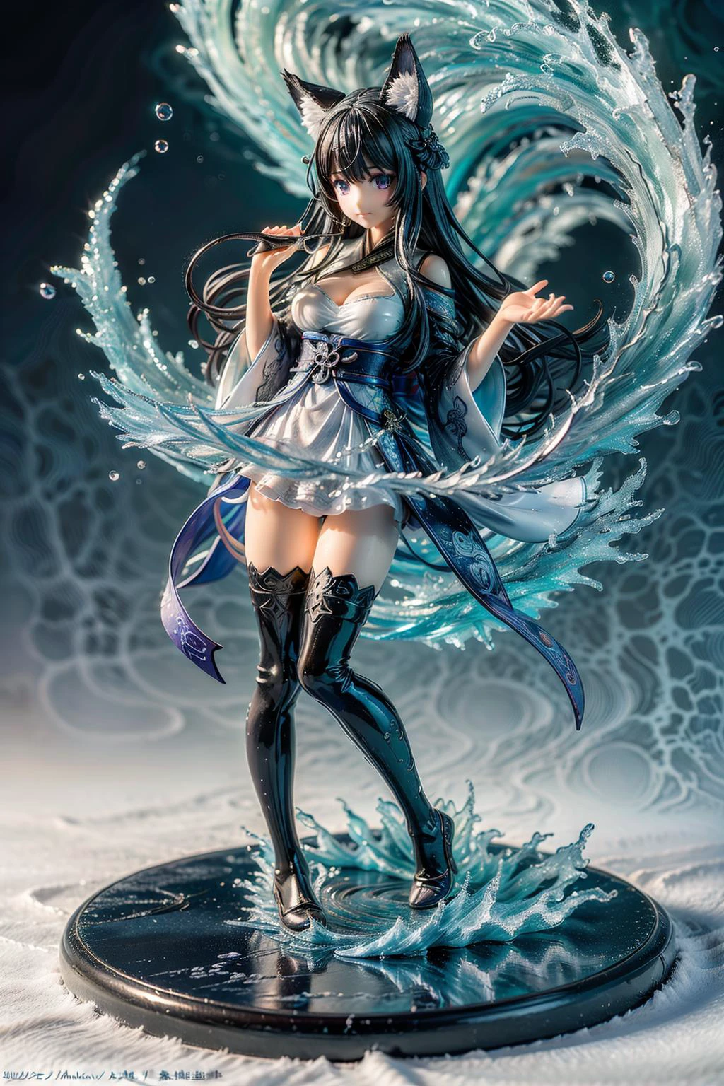 (masterpiece, top quality, best quality, official art, beautiful and aesthetic:1.2),(1girl),extreme detailed,solo,black hair,long hair,bangs,((medium breasts)),cleavage,((((hanfu)))),(((black_thighhighs))),absurdres,wallpaper,colorful,full_shot,looking_at_viewer,((((splashing)))),((((wave)))),(water:1.3),panorama,foreshortening,Cinematic Lighting,fantasy,gradient_background,<lora:add_detail:0.5>,(magic circles),blue background,fox ears,fox tail,((a waterball in hand)),((((abstract_background)))),((((waterball)))),standing,<lora:MIAOKA_younideshijie_1.0:0.3:lbw=color>,<lora:æµ·é£ä¸v4.1:0.6>,haifeisi,
