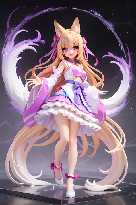 {{{animal ears, fox ears, {{{fox ears only}}}}}}, fox tail, brown hair, long hair, hair bell, gown, ribbon, lip, happy, smile, opened mouth, looking at viewer, simple background, (pvc style:1.5), (masterpiece, top quality, best quality, official art, beautiful and aesthetic:1.2), extreme detailed, highest detailed, (abstract:1.4, fractal art:1.3), colorful, (1girl:1.2), cute