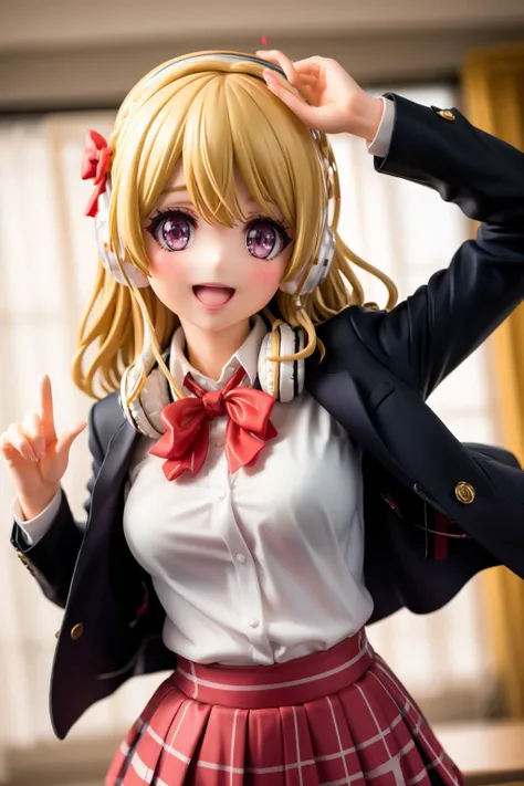 (masterpiece), best quality, expressive eyes, perfect face, rinkud4, looking at viewer, blush, smile, open mouth, skirt, shirt, long sleeves, bow, school uniform, jacket, white shirt, upper body, braid, :d, hair bow, pleated skirt, open clothes, teeth, collared shirt, bowtie, medium hair, red bow, open jacket, blue skirt, black jacket, plaid, headphones, upper teeth only, plaid skirt, blazer, cardigan, red bowtie, crown braid, headphones around neck, <lora:80319b55-5fd3-4953-ba48-56fe467e8fe9:0.7>