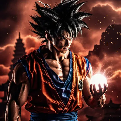 Goku1024 , a man dressed in red, casting a powerfull spell, dramatic ball lightning from hands, dragon background, ancient chinese temple, highly detailed, photography, ultra sharp, film, bokeh, professional, 64k <lora:Goku1024:0.8>