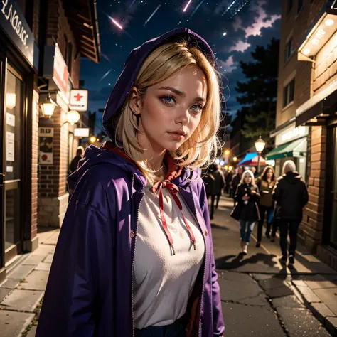 (8k, RAW photo),(best quality),(masterpiece),(realistic,) (photo-realistic),(highres),ultra-detailed,(realism:1.1),(dark scene, soft lighting, high saturated):1.4,beautiful face,(1girl:1.1),blurry_background,
white hair,professional lighting,red eyes,hood,cloak,long sleeves,puffy sleeves,bangs,Nymeia,<lora:Nymeia:1>,striped,starry sky,night sky,purple pants,