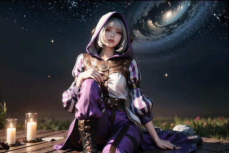 (8k, RAW photo), (best quality), (masterpiece), (realistic,) (photo-realistic),(highres), ultra-detailed, (realism:1.1),(dark scene, soft lighting, high saturated):1.4, beautiful face, (1girl:1.1), blurry_background
,white hair, professional lighting, red eyes, hood, cloak, long sleeves, puffy sleeves, bangs, Nymeia, <lora:Nymeia_20230528202218:0.7>, striped, starry sky, night sky, purple pants, barefoot,