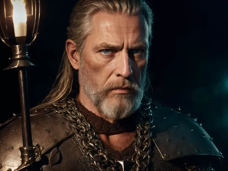 (Highest quality:1.3), cinematic shot, masterpiece, (sharp focus:1.5), (photorealistic:1.3), portrait of (a weary-looking but still proud and fierce-looking old Viking warrior, now the leader of his village, dressed in elaborately detailed chain mail and leather armour, a few torches burn on the walls, giving the scene a dark atmosphere but sculpting the forms in sharp chiaroscuro), it is night time, (highly detailed skin), (detailed face), detailed background, dark lighting, twilight lighting, volumetric lighting, intricate details, UHD, <lora:epiNoiseoffset_v2:1.5>