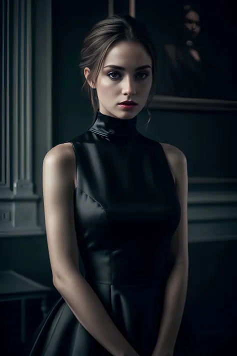 stunning photorealistic of 1girl, high neck gown, dark theme, dark scene, dark atmosphere, masterpiece, high detail, best quality, raw photo, (photorealistic:1.4), (hdr:1.4)