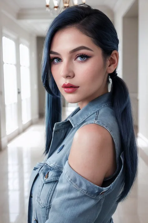 Minimalist, (Establishing shot:1.10), RAW photo of Full shot, girl Rectangular Face, Recessed Eyes, [eye color blue], Nose with an Ample Base Shape, thin lips, round cheeks, long chin, dressed, wearing Denim Jacket and Dress, Standing Tall, dynamic background a hallway with a chandelier and a clock <lora:Sunoo-06:0.85>, extremely detailed face eyes lips, heavy slut makeup, blusher, eye shadow, eyeliner, mascara, lipstick, lip liner, (high detailed skin:1.2), 8k uhd, dslr, soft lighting, high quality, film grain, Fujifilm XT3 <lora:GoodHands-beta2:1>, girl Guatemalan,telephoto shot, 1girl,    <lora:Gwen-v1:0.8> long hair,  twintails, twin drills, blue hair, blue eyes, star-shaped pupils,, (masterpiece), (best quality), studio light, (photorealistic:1.4),, Simple, clean, uncluttered, modern, elegant