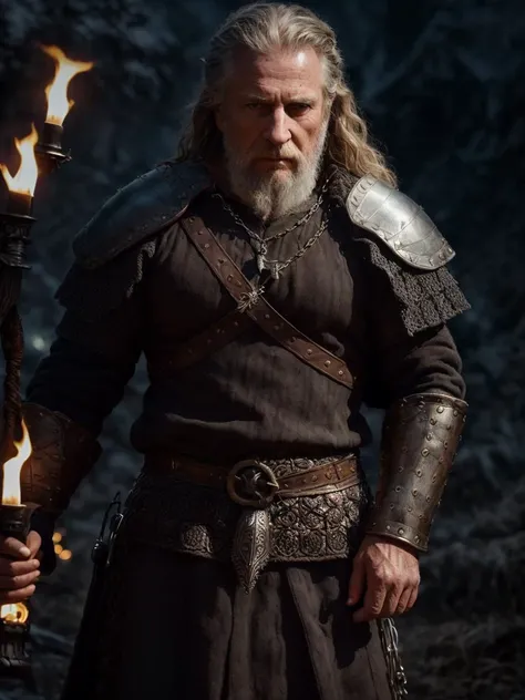 (Highest quality:1.3), cinematic shot, masterpiece, (sharp focus:1.5), (photorealistic:1.3), portrait of (a weary-looking but still proud and fierce-looking old Viking warrior, now the leader of his village, dressed in elaborately detailed chain mail and leather armour, a few torches burn on the walls, giving the scene a dark atmosphere but sculpting the forms in sharp chiaroscuro), it is night time, (highly detailed skin), (detailed face), detailed background, dark lighting, twilight lighting, volumetric lighting, intricate details, UHD, <lora:epiNoiseoffset_v2:1.5>