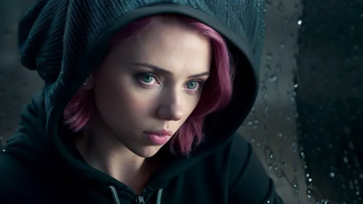 (cinematic:1.5) shot, (abstract colors:1.3), texture, film grain, skin pores:0.1 foreshortening, petite nerdy goth chick wearing yoga pants (unzipped)1.2 hoodie (sports bra)0.6 cleavage1, (scarlett johansson).6 (susan coffey).8 (Natalia Dyer)1.2, jogging on a (rainy:1.4) cyberpunk solarpunk (city street), intricate hasselblad dslr (RAW photo)1.3, dramatic portrait, (analog style)1.3 eye contact nofilter (selfie)1.2, (textured skin)1.2, (textured hair)1.2, (film grain)1.3 <lora:epiNoiseoffset_v2:1.5>