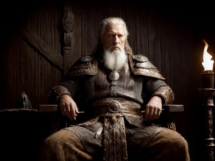 Highest quality, masterpiece, photorealistic, medium shot, RAW photo, of (a weary-looking but still proud and fierce-looking old Viking warrior, now the leader of his village, dressed in elaborately detailed chain mail and leather armour, sitting on a carved wooden throne furrowed with Viking runes and symbols, in the village meeting hall, on his lap rests an elaborately carved and beautifully crafted longsword, a few torches burn on the walls, giving the scene a dark atmosphere but sculpting the forms in sharp chiaroscuro), it is night time, (highly detailed skin), skin texture, (detailed face), detailed background, sharp focus, dark lighting, twilight lighting, volumetric lighting, highly detailed, intricate details, 8k, highly detailed, UHD, HDR <lora:epiNoiseoffset_v2:1.5>