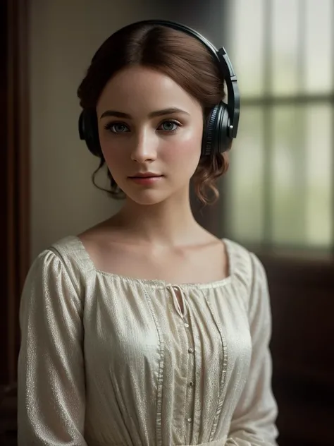 (Highest quality:1.3), cinematic shot, masterpiece, (sharp focus:1.5), (photorealistic:1.3), portrait of Jane Eyre with headphones, natural skin texture, 24mm, 4k textures, soft cinematic light, adobe lightroom, photolab, hdr, intricate, elegant, highly detailed, sharp focus, ((((cinematic look)))), soothing tones, insane details, intricate details, hyperdetailed, low contrast, soft cinematic light, dim colors, exposure blend, hdr, faded