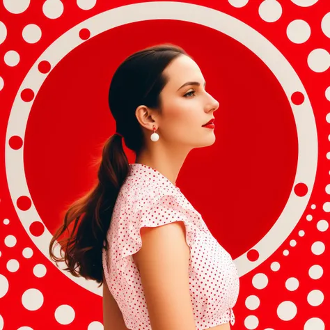 a woman standing in front of a red and white circle with white balls on it and a red and white polka dot pattern on the background, digital art, fashion, advertisment, swiss design, graphic design